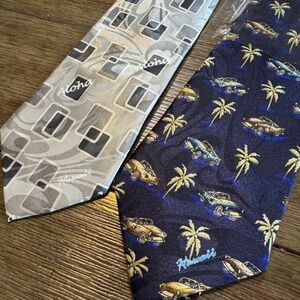 Tropical Hawaii Hand Made Mens Necktie Set of 2 Palm Tree Vintage Car Aloha Grey